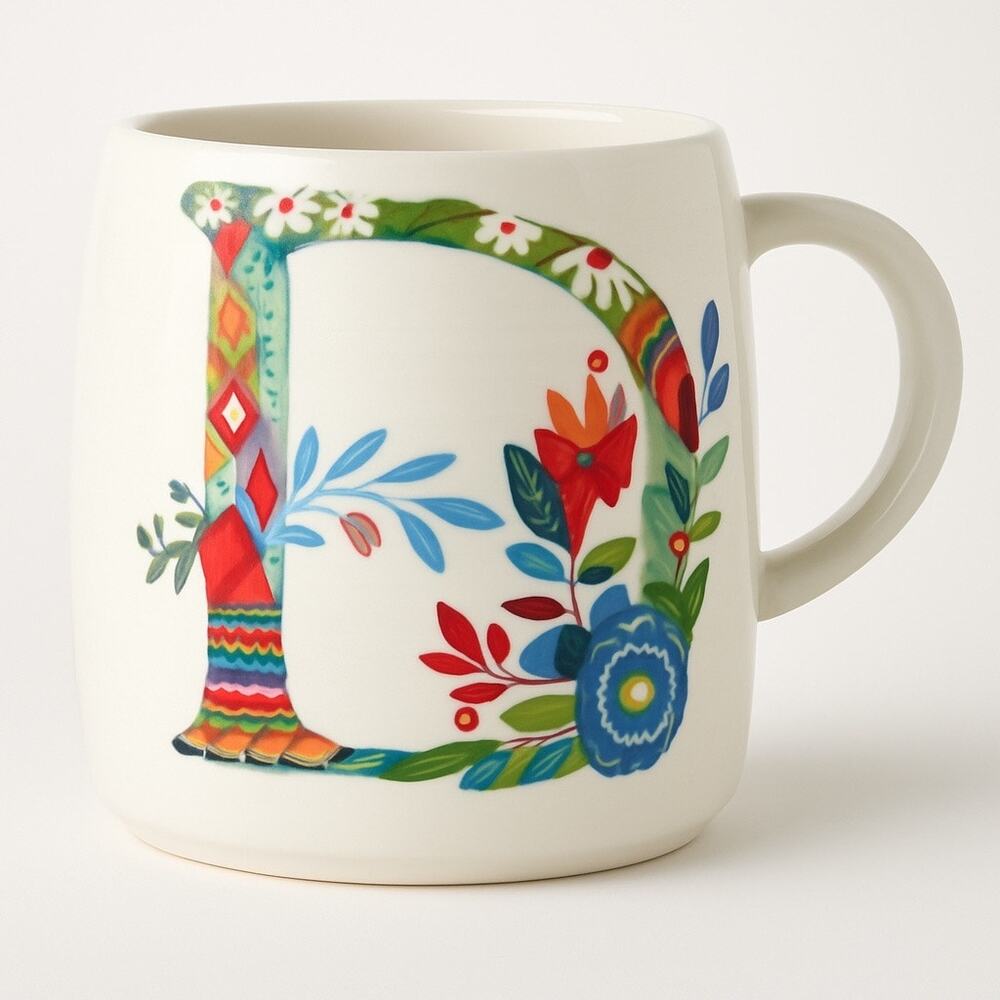 Anthropologie Starla M Halfmann Letter D Monogram Petal Palette Coffee Tea Mug
